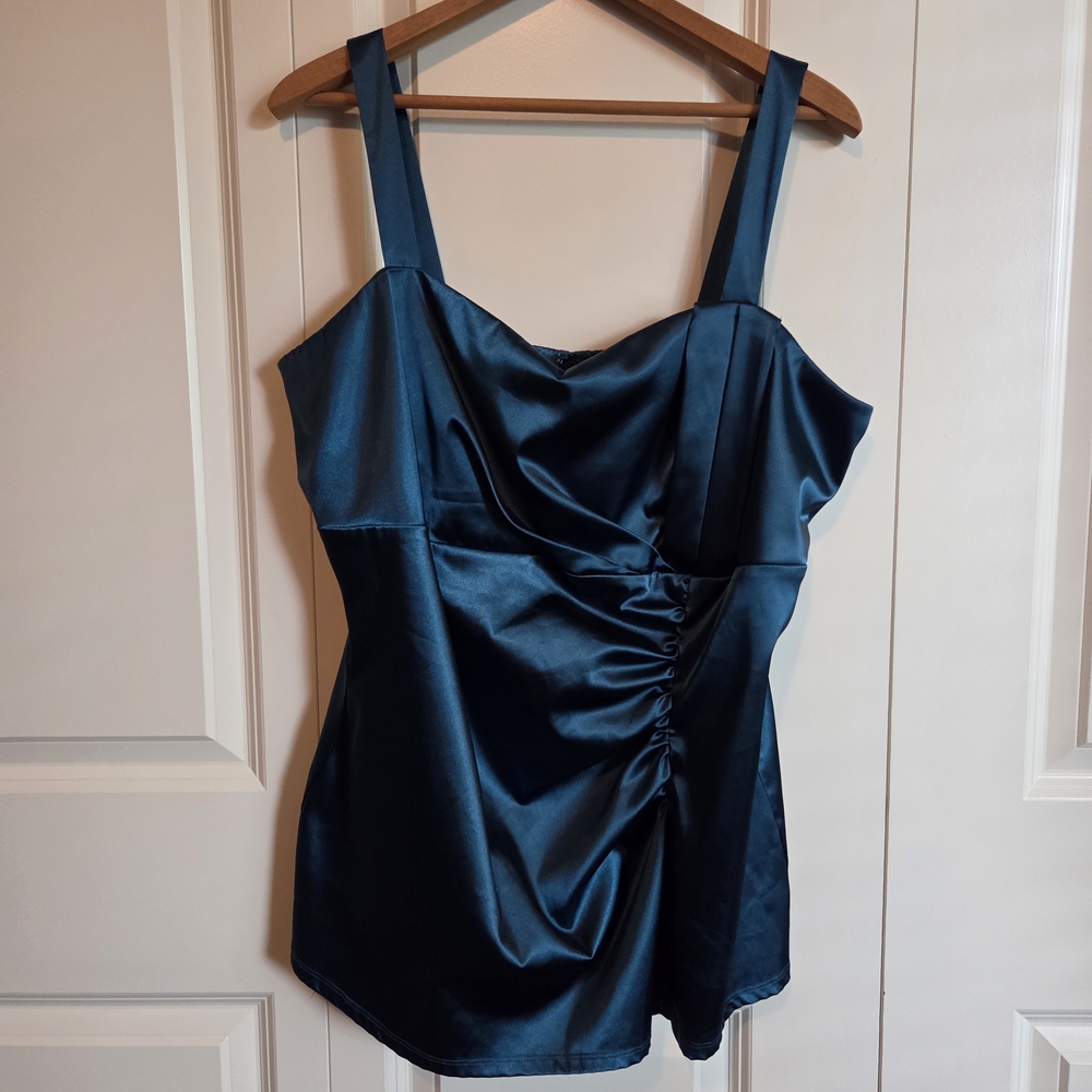 Maurice's Plus Teal Satin Stretch Side Ruched Tank Top Size 1X (16W/18W)